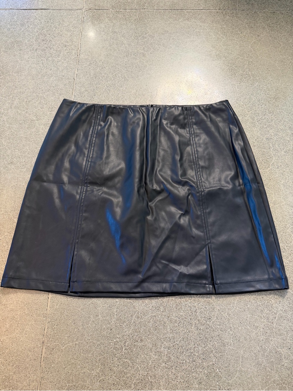 Black Faux Leather Mini Skirt with Front Slits